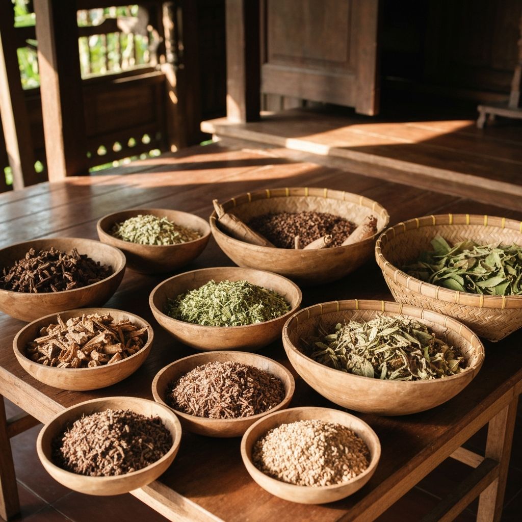 Traditional Indonesian jamu ingredients in wooden bowls and baskets